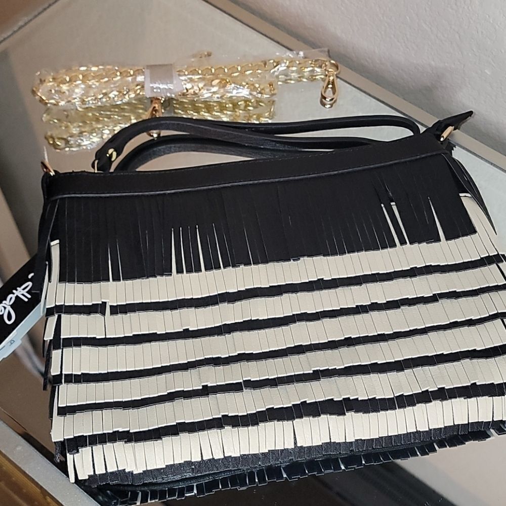 Black/Tan Fringe Vegan Leathe Clutch/Crossbody Bag - Picture 12 of 15